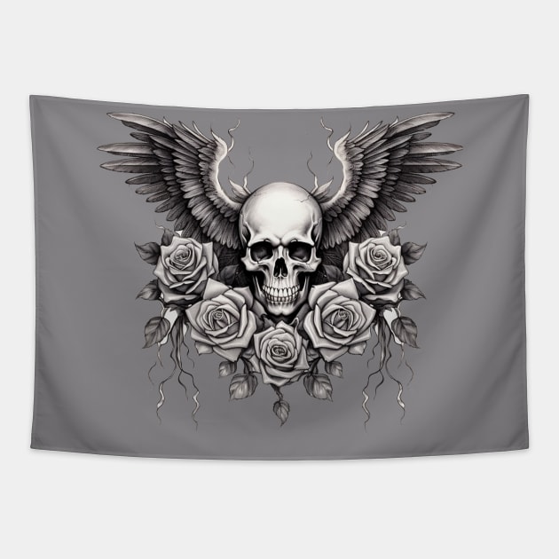 Gothic Angel Wings, Skull, Roses, Grunge Rocker Tapestry by LunaElizabeth