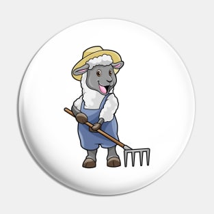 Sheep as Farmer with Rake & Hat Pin