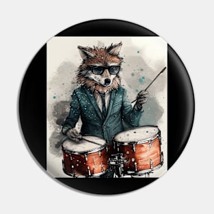 Watercolor Art Wolf Playing Drums Pin