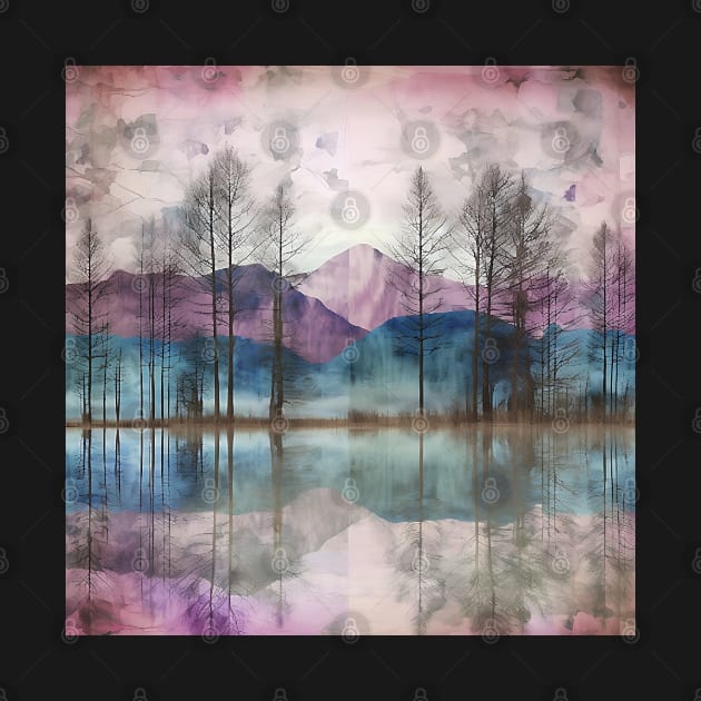 Chalky Distressed Purple Mountain Lake with Trees by The Art Mage