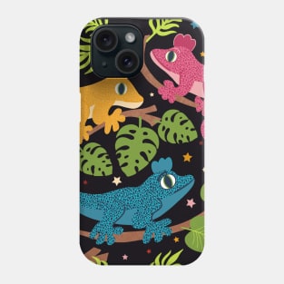 Colourful Crested Geckos with Jungle Leaves and Stars on Black Phone Case