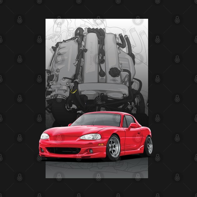 Mx5 / Miata nb illustration with engine backdrop by ArtyMotive