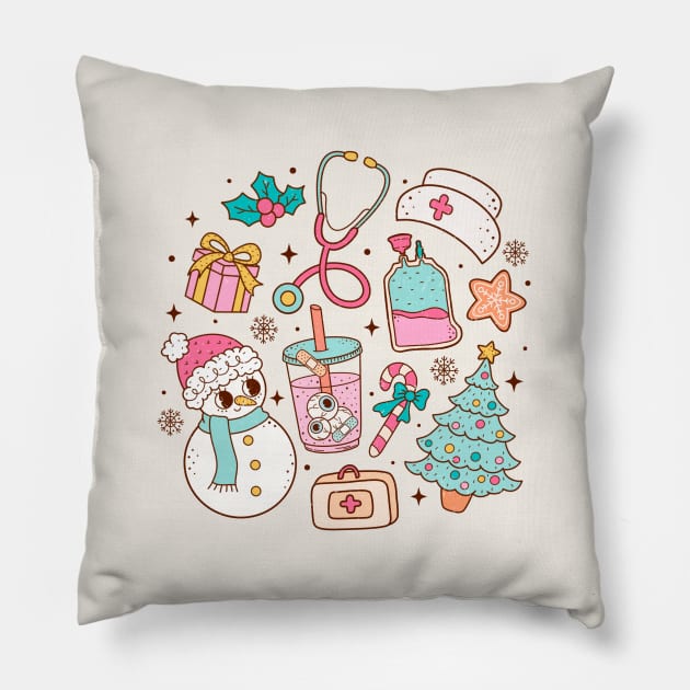 Retro Nurse Christmas Doodle Pillow by Nessanya