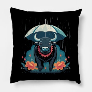 Water Buffalo Rainy Day With Umbrella Pillow