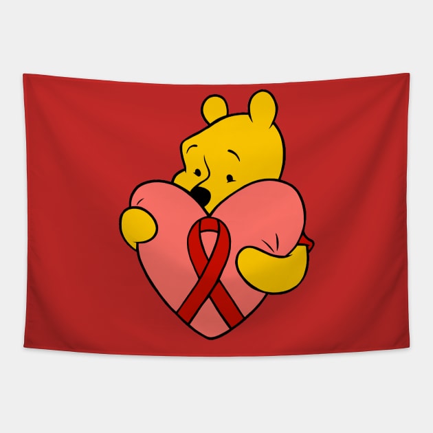 Yellow Bear Hugging an Awareness ribbon (red) Tapestry by CaitlynConnor