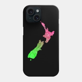 Colorful mandala art map of New Zealand with text in pink and green Phone Case