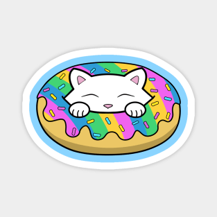 Cute white kitten eating a yummy looking rainbow doughnut with sprinkles on top of it Magnet