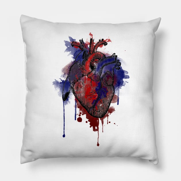 Digital Anatomical Watercolor Heart (Black Version) Pillow by SingeDesigns