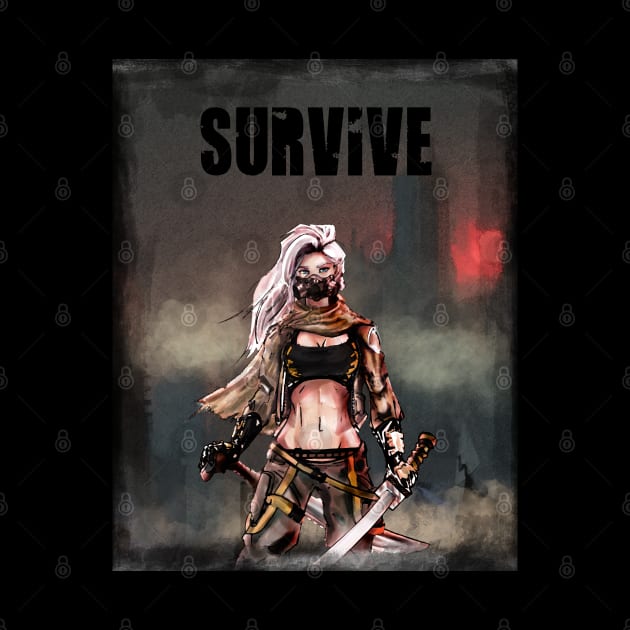 Apocalypse Girl gas mask  with katana sword and machete : Survive quote t-shirt by DeMonica