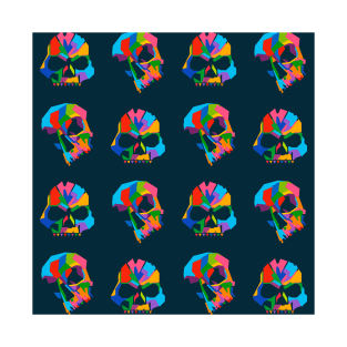 Colorful Skull Pattern Wpap Style Blue Background T-Shirt