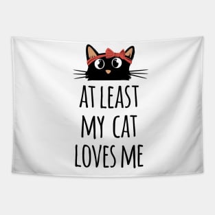 At least my cat loves me cute and funny black cat mom Tapestry