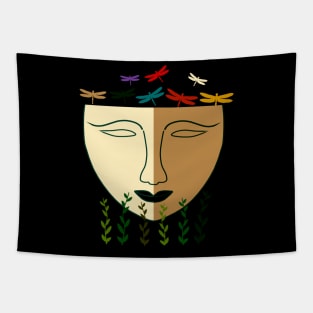 Abstract shape art with plants, dragonflies and face in earth tones Tapestry