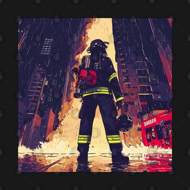 Fire - Anime firefighter fireman in a rainy city by TomFrontierArt