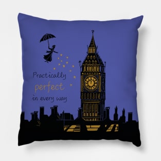 Mary Poppins Practically Perfect in Every Way Linocut Silhouette on Purple Pillow