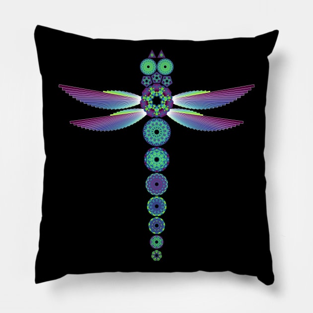 Mandala Dragonfly | Garnet Emerald Sapphire Magenta Green Blue (Black) Pillow by aRtVerse