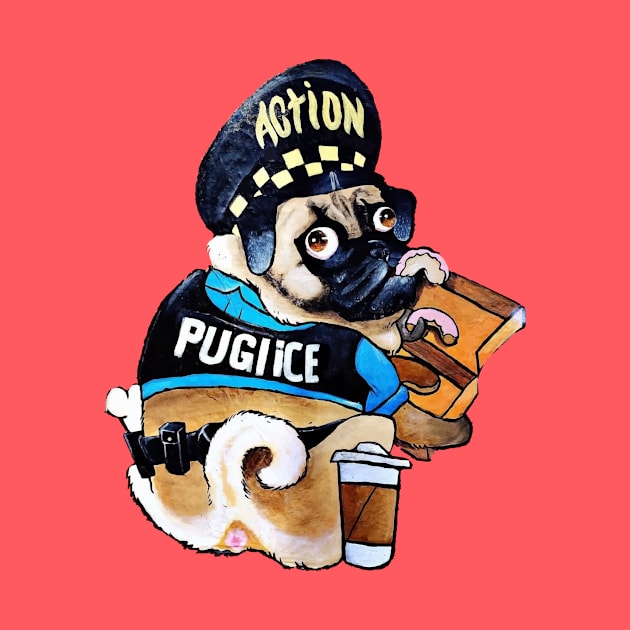 Cute police pug eating pink donuts by BlindVibes