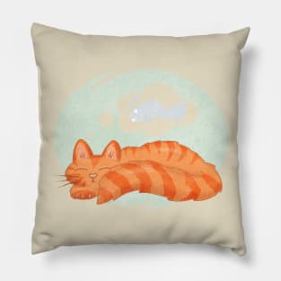 Adorable Sleeping Ginger Cat Dreaming of Fish Pillow