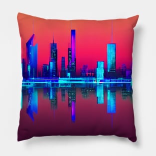 Ai Generated Art Scenery - Futuristic City Reflectet in River With Red Sky Pillow