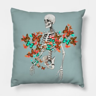 Human skeleton and colorful vibrant butterfles, memento mori, watercolor art, cool, anatomy art Pillow