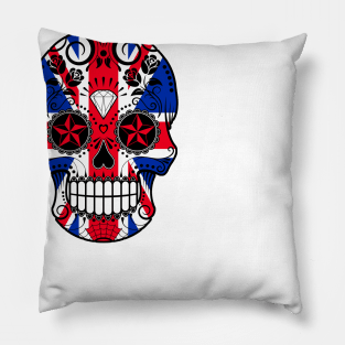 Union Jack British Flag Sugar Skull with Roses Pillow