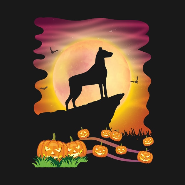 Dobermann Dog On Mountain & Moon Pumpkins Bat Halloween Day by Cowan79