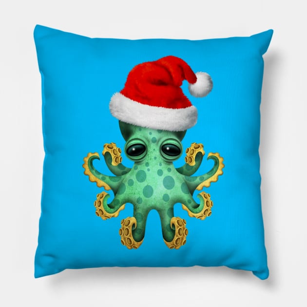 Green Baby Octopus Wearing a Santa Hat Pillow by jeffbartels