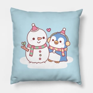 Cute Penguin Building A Snowman Pillow