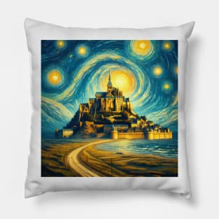 Mont-Saint-Michel, France, in the style of Vincent van Gogh's Starry Night Pillow