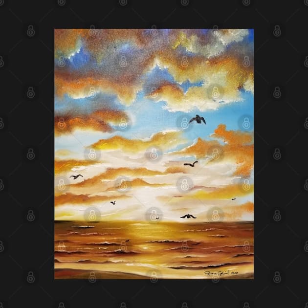 Freedom Sky, Golden Sunset, Seascape, Beach Decor, Golden Beach, Sunrise, Yellow Sunset Sky, Clouds and Birds, by roxanegabriel
