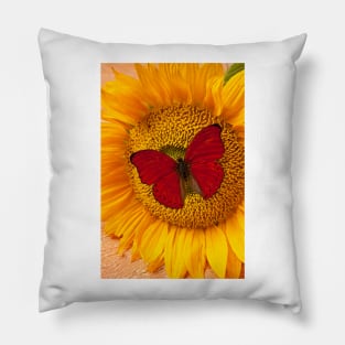 Red Butterfly On Sunflower Pillow