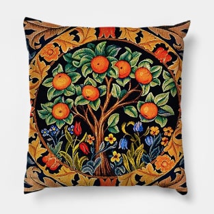 ORANGE TREE WITH GREEN LEAVES ,FRUIT BRANCHES,FLOWERS Art Nouveau Floral in Black Pillow