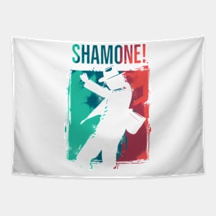 Shamone! - Icon Silhouette - Teal, Red and White Backdrop - Pop Music Tapestry