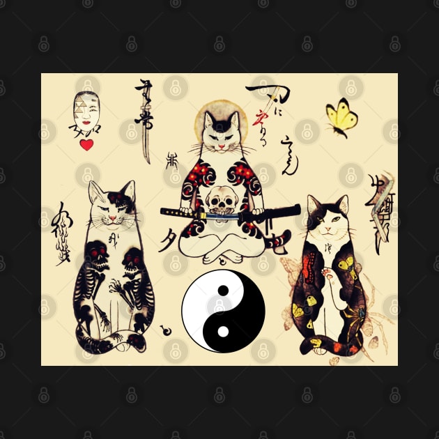 THREE SAMURAI CATS IN SKULL,SKELETON,BUTTERFLY TATTOOS AND YIN YANG SYMBOL by BulganLumini