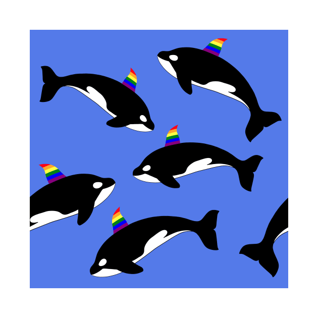Gay pride rainbow orca killer whale. Seamless pattern on blue water background. by Nalidsa