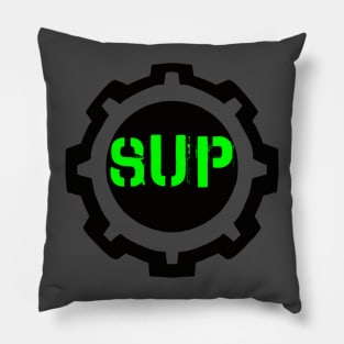 Green SUP Word in a Black Industrial Cog Pillow