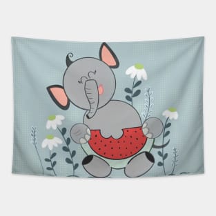 A cute baby elephant eating watermelon. Tapestry