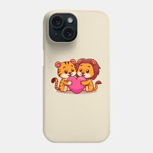 Cute Tiger And Lion Hug Love Heart Cartoon Phone Case