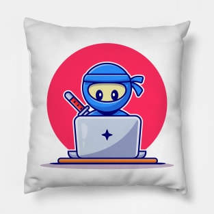 Cute Ninja Working On Laptop Cartoon Pillow