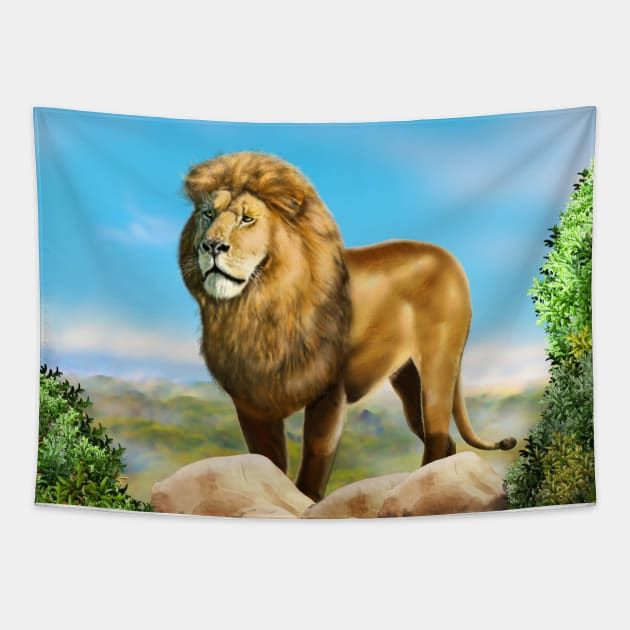 Lion king a wild animal. Wild African lion in nature. Retro style. Realistic Oil painting illustration. Lion Head Wildlife Hand Drawing poster Tapestry by sofiartmedia