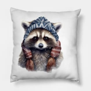 Raccoon in a warm hat and scarf winter Pillow