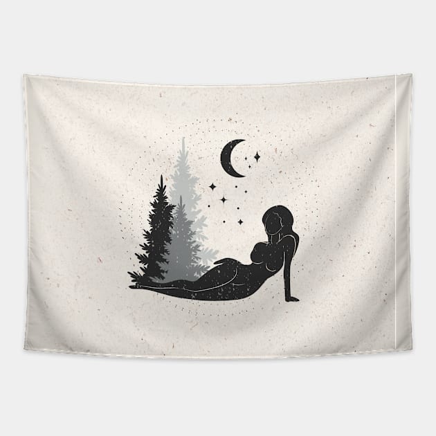 Forest Moon Woman Tapestry by studioaartanddesign