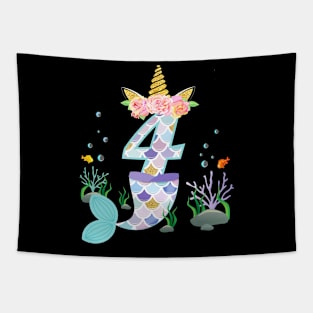 Kids 4 Year Old Unicorn Mermaid Birthday Theme Tail Girl 4Th Tapestry