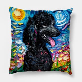 Black Poodle Starry Night with Flowers Pillow