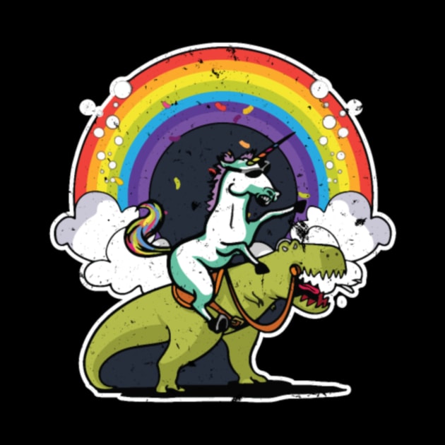 Unicorn Riding Dinosaur T Rex T Shirt Rainbow by Xizin Gao