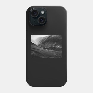 Black and White Shot of Swiss Alpine Road Winding Through Valley Phone Case