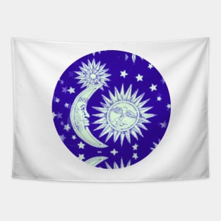 Vintage Celestial Sun Moon and Stars in Blue Tapestry