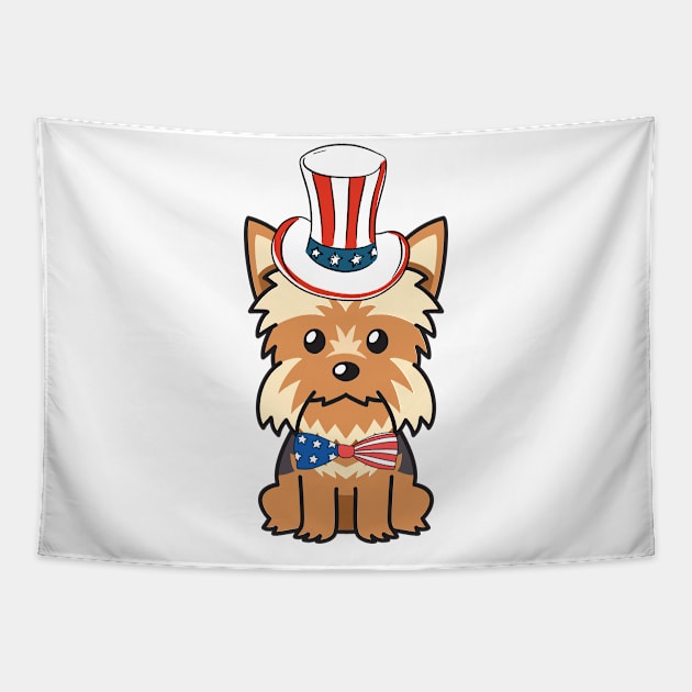 Funny yorkshire terrier dog is wearing uncle sam hat Tapestry by Pet Station