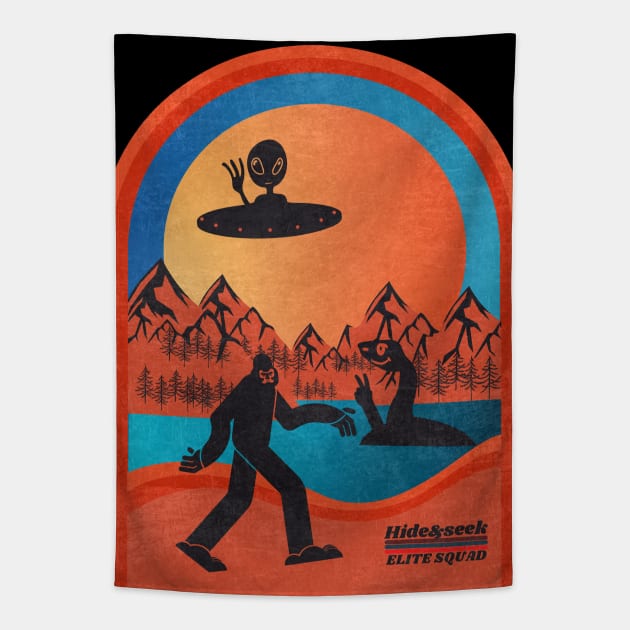 Hide And Seek.Retro Bigfoot Alien And Loch Ness Monster Tapestry by FullOnNostalgia