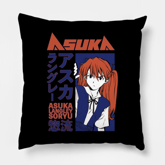 Asuka Langley Eva Japanese Aesthetics Red Blue Pillow by mareescatharsis