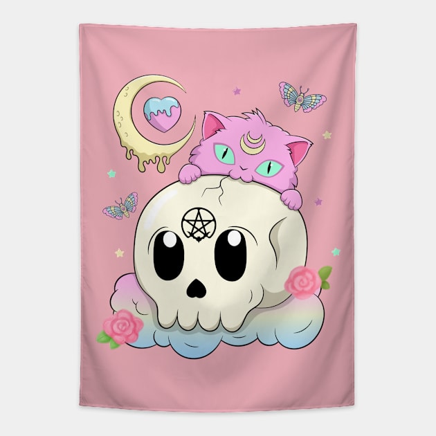 Creepy Kawaii Kitty with Skull Pastel Goth Tapestry by Sugoi Otaku Gifts